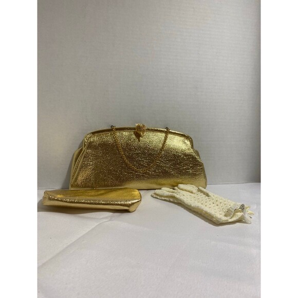 Set of 3 Vintage Metallic gold evening clutch+ large coin purse + gloves - Picture 5 of 12